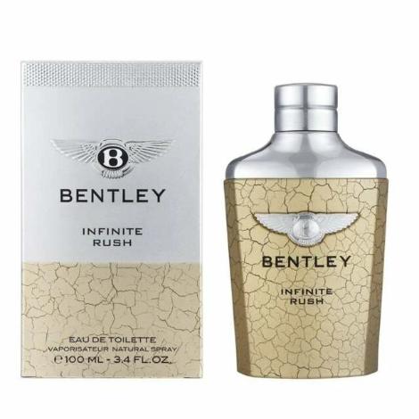Bentley Infinite Rush fragrance box and bottle with silver cap and gold crackle design