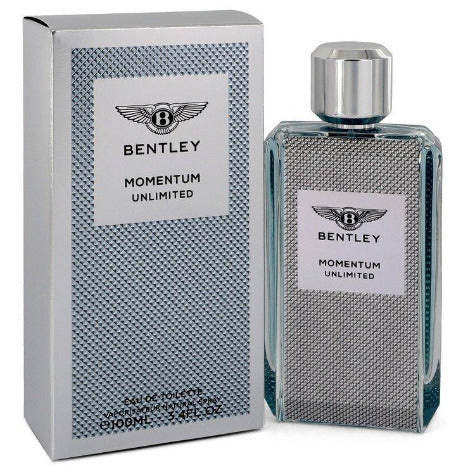 Bentley Momentum Unlimited cologne bottle with gray box packaging and winged logo