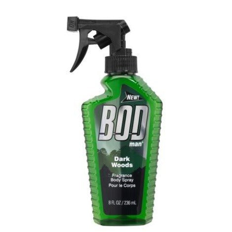 Bod Man Dark Woods green spray bottle with black trigger pump, 8 fl oz size