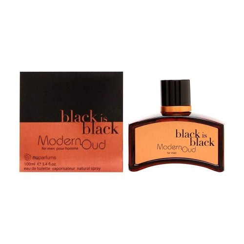 Black Is Black Modern Oud eau de toilette box and amber bottle with spray nozzle