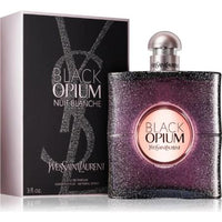 Black Opium Nuit Blanche perfume bottle with glittery purple case and matching box packaging