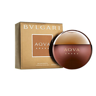 Bvlgari Aqva Amara eau de toilette bottle with box packaging in brown and gold tones