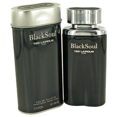 Black Soul by Ted Lapidus eau de toilette bottles, silver and black packaging, 100ml and larger sizes.