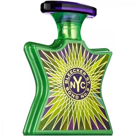 Bond No. 9 Bleecker St green glass bottle with purple cap and yellow starburst label design