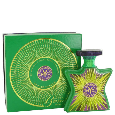 Bond No. 9 Bleecker St green bottle with yellow starburst design and matching box