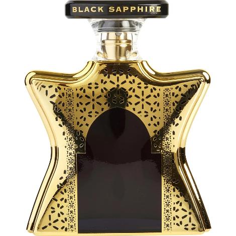Bond No. 9 Dubai Black Sapphire perfume bottle with gold geometric patterned case and black center panel