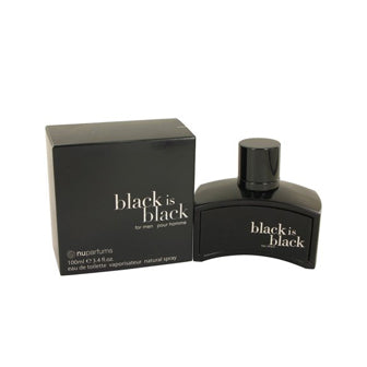 Black Is Black Eau De Toilette bottle with box, dark glass container and packaging.