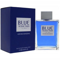 Blue Seduction fragrance bottle with dark navy box by Antonio Banderas
