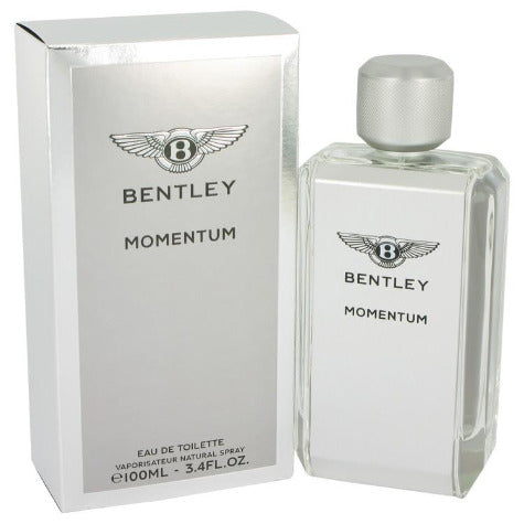 Bentley Momentum Eau De Toilette 100ml bottle with white box packaging displayed side by side.