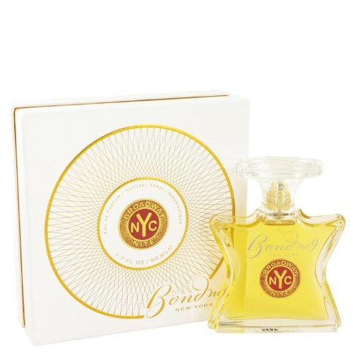 Bond No. 9 Broadway Nite perfume bottle with gold-accented packaging box displayed together.