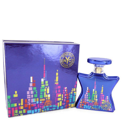 Bond No. 9 New York Nights fragrance bottle and box with colorful cityscape design in blue packaging.