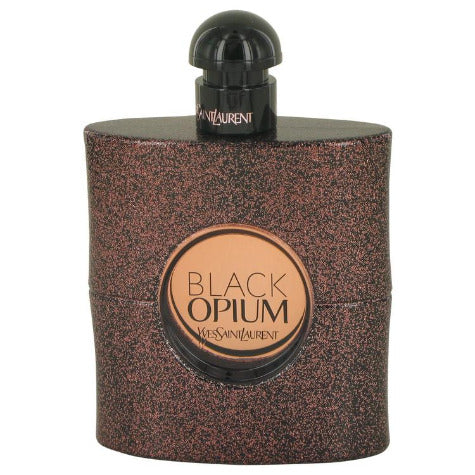 Black Opium Eau De Toilette bottle by Yves Saint Laurent with bronze textured packaging and dome cap.