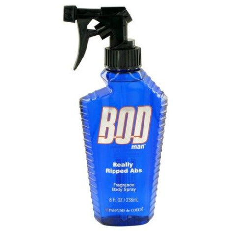 Bod Man Really Ripped Abs blue fragrance spray bottle with black trigger sprayer, 8 fl oz