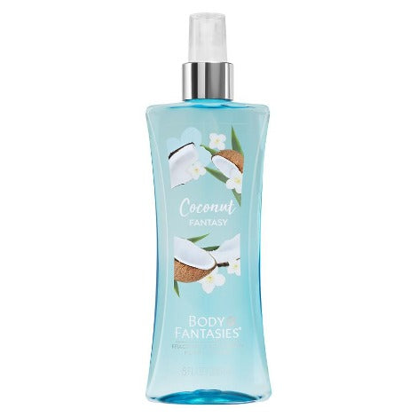 Body Fantasies Coconut spray bottle with light blue liquid and coconut imagery on label