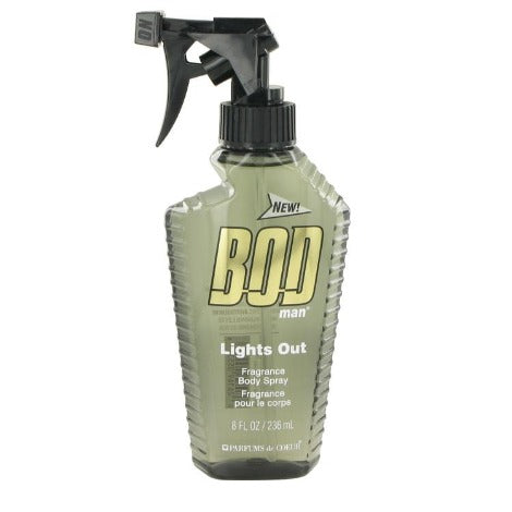 Bod Man Lights Out fragrance spray bottle with black trigger pump and greenish liquid, 8 fl oz size