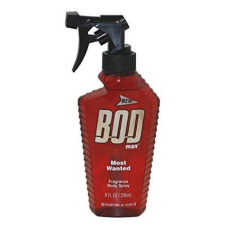 Bod Man Most Wanted red fragrance spray bottle with black trigger atomizer, 8 fl oz.