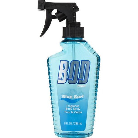 Bod Man Blue Surf fragrance body spray bottle with trigger sprayer, 8 fl oz light blue liquid
