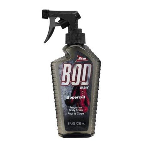 Bod Man Uppercut fragrance spray bottle with black trigger pump and dark label