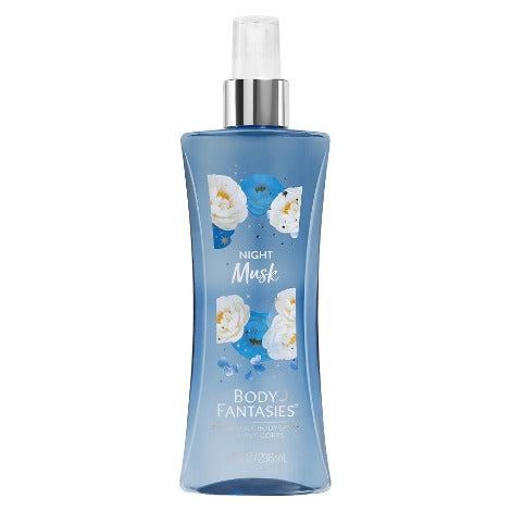 Body Fantasies Night Musk spray bottle with blue liquid and white floral design