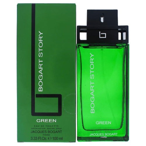 Bogart Story Green fragrance bottle with black cap next to green box packaging