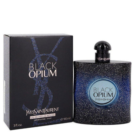 Black Opium perfume bottle with glittery dark case and box packaging displayed together