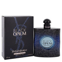 Black Opium perfume bottle with glittery dark case and box packaging displayed together