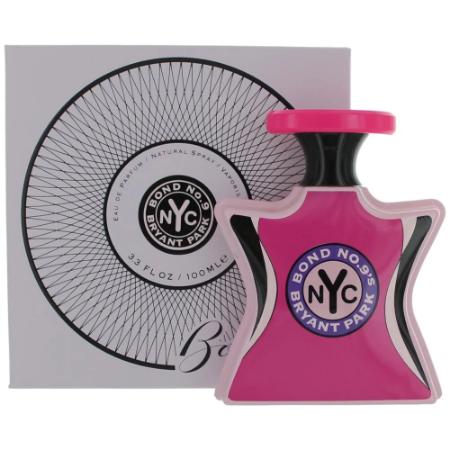 Bond No. 9 Bryant Park pink eau de parfum bottle with black circular box packaging