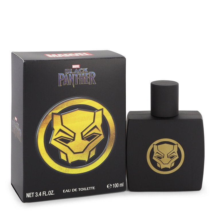 Black Panther eau de toilette 100ml bottle and box with yellow mask emblem on black packaging