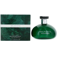 Malachite eau de parfum bottle in deep green with box packaging displayed side by side.