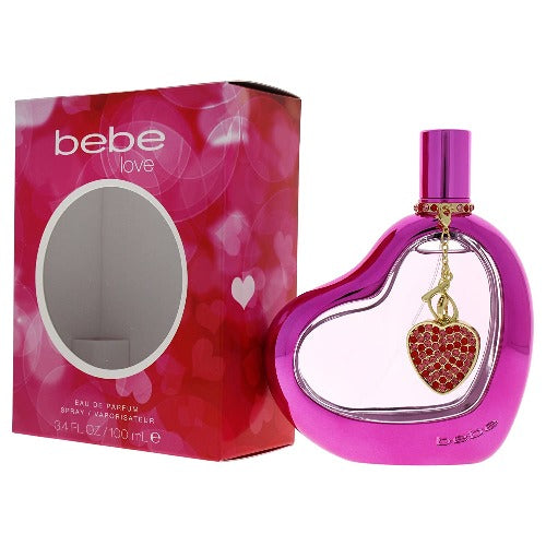 Bebe Love Eau De Parfum bottle in pink with heart charm next to red box packaging