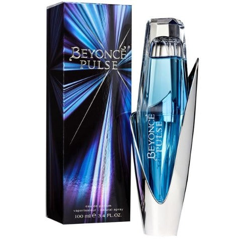 Beyonce Pulse Eau De Parfum bottle with blue liquid next to black and blue packaging box