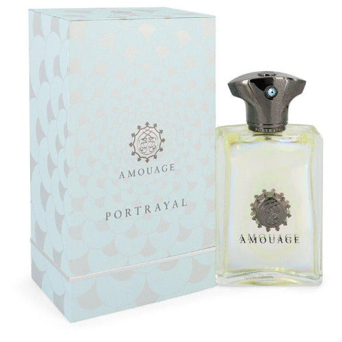 Amouage Portrayal Eau De Parfum bottle with light blue patterned box packaging