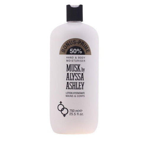 Alyssa Ashley Musk hand and body lotion bottle, 750ml, with bonus 50% extra size label