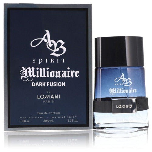 Ab Spirit Millionaire Dark Fusion perfume bottle and box set with blue liquid and black cap