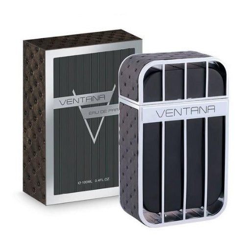 Armaf Ventana Eau De Parfum bottle with box, black and white design with vertical stripe pattern