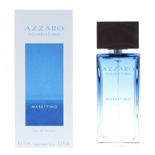 Azzaro Solarissimo Marettimo fragrance bottle and box, light blue glass with black cap and white packaging.