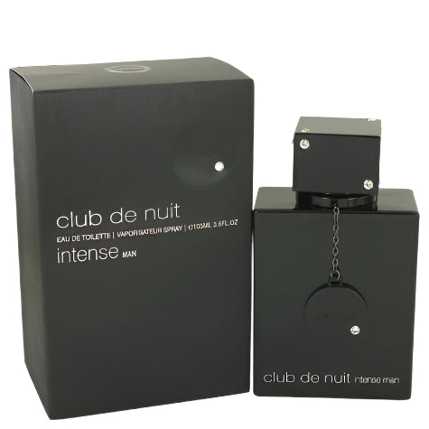 Armaf Club De Nuit Intense black fragrance bottle with matching box packaging displayed together.