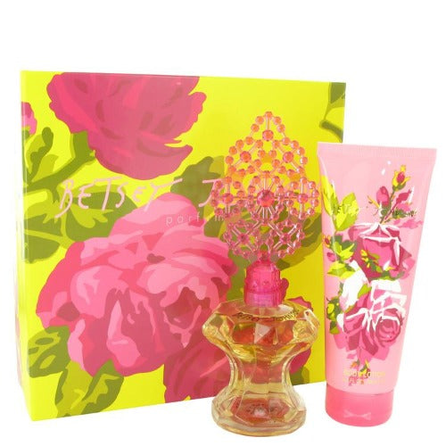 Betsey Johnson 2-piece gift set with pink floral box, fragrance bottle, and lotion tube