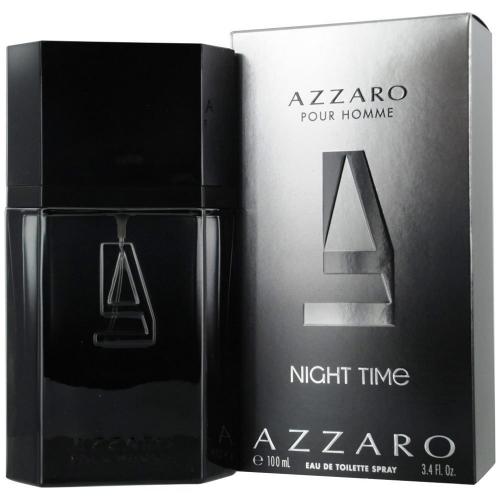 Azzaro Night Time eau de toilette bottle in black with silver box packaging displayed together.