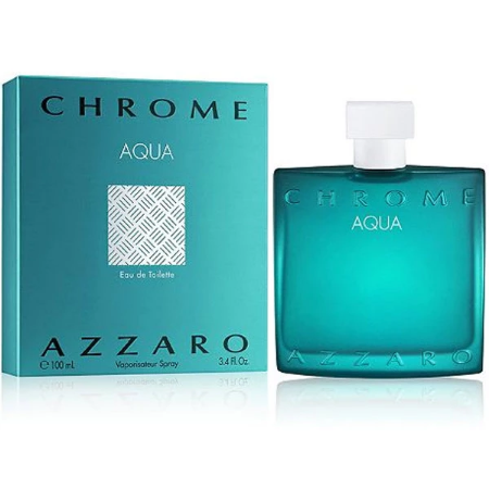 Azzaro Chrome Aqua fragrance box and turquoise bottle with white cap