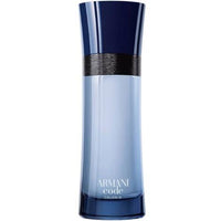 Armani Code Colonia bottle with dark blue cap and light blue liquid body with metallic band accent