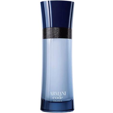 Armani Code Colonia bottle with dark blue cap and light blue liquid body with metallic band accent