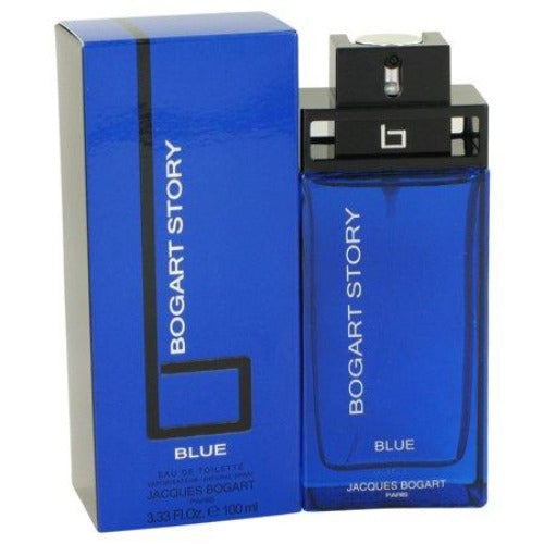 Bogart Story Blue Eau De Toilette bottle and box, cobalt blue glass with black cap and packaging.