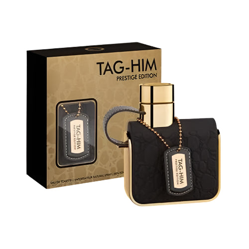 Armaf Tag Him Prestige Edition fragrance set with bottle, black quilted pouch, and keychain in gold packaging