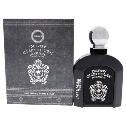 Armaf Derby Club House Intense perfume bottle with black glass and gray box packaging