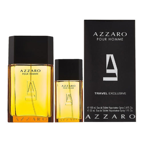 Azzaro Pour Homme 2-piece fragrance set with 100ml and 30ml bottles in yellow liquid with black caps.