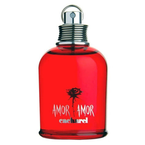 Amor Amor red eau de toilette bottle with black rose and chrome cap