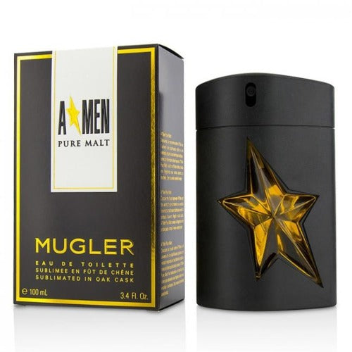 Angel Men Pure Malt fragrance bottle with gold star on black container, displayed with packaging box.