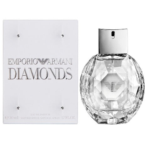 Emporio Armani Diamonds Eau de Parfum 3.4 oz transparent diamond shaped bottle with packaging box front view
