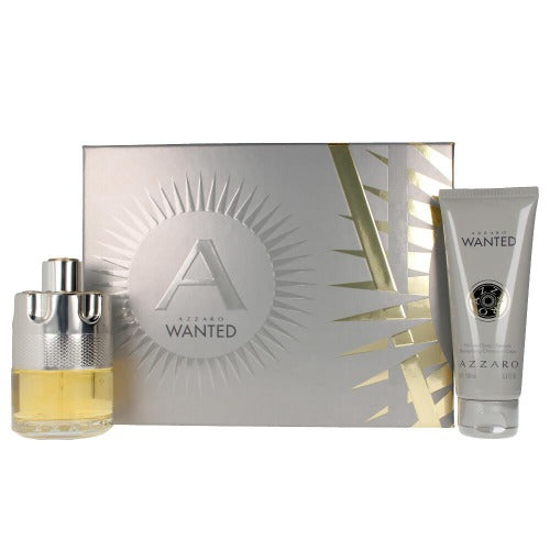 Azzaro Wanted two-piece gift set with cologne bottle and shower gel tube on gray box packaging